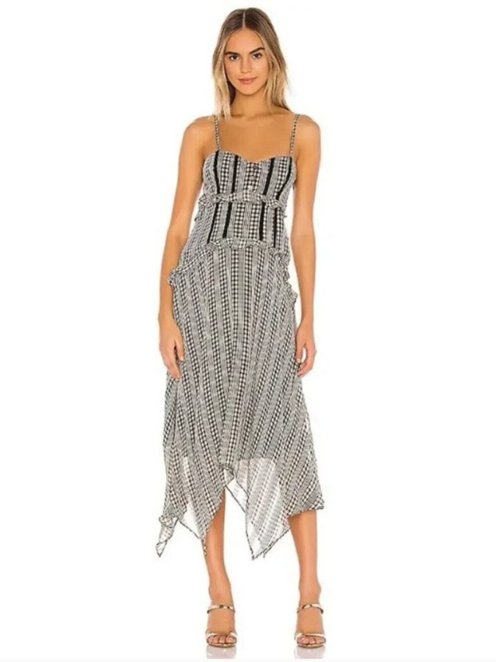 Tularosa Lenna Midi Dress Black White Gingham Ruffle Chiffon Cottage Fairy XXS